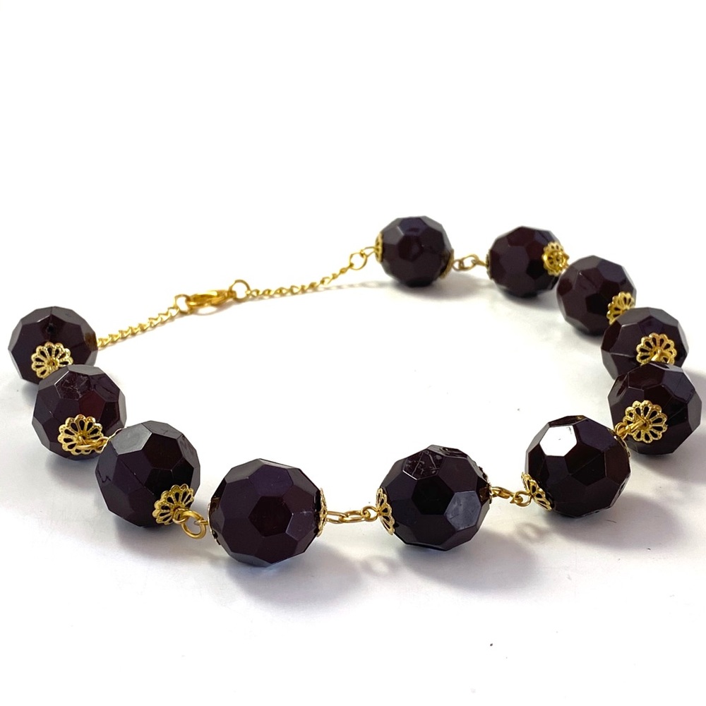Necklace - Dark Brown Gem Shaped Beads with Gold